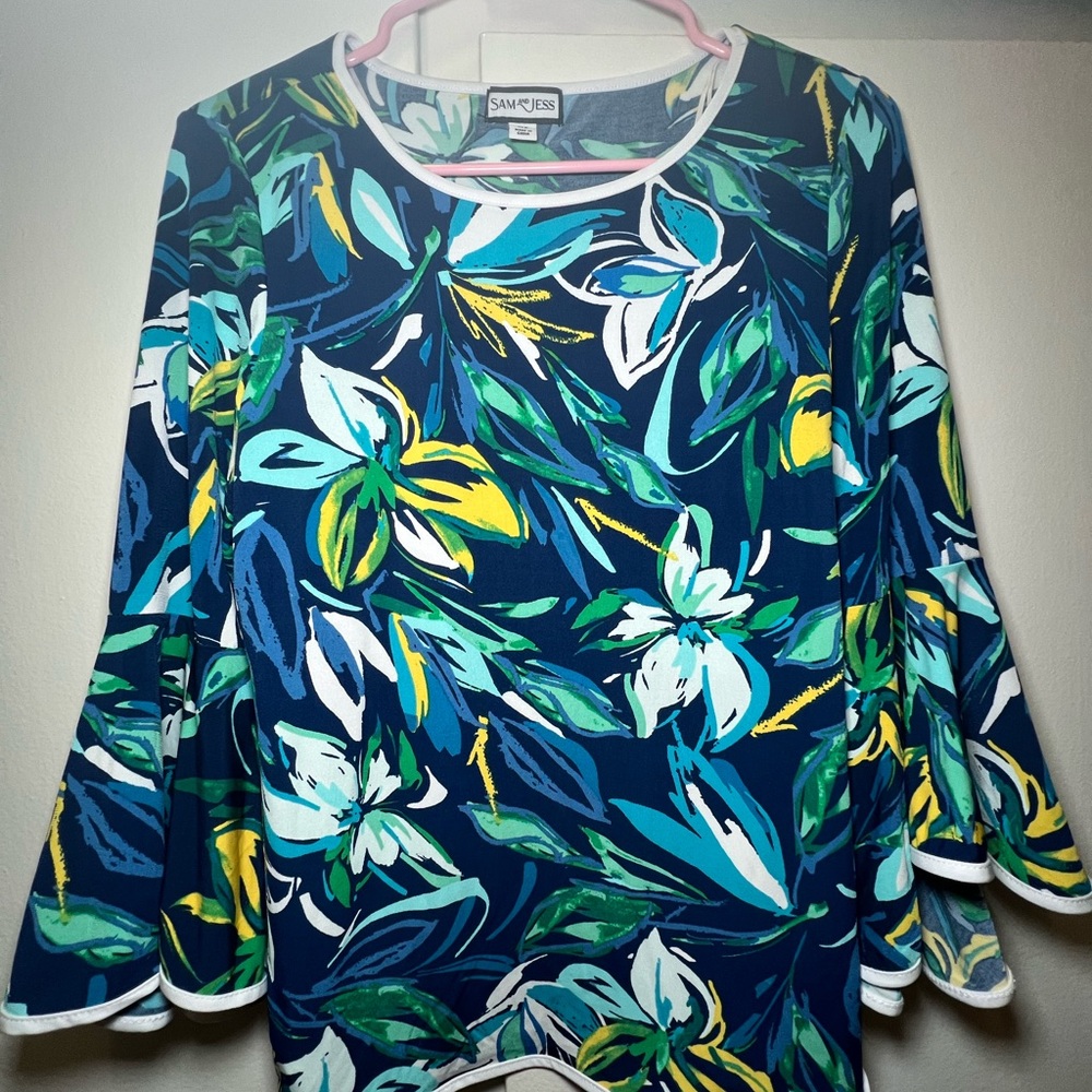 SAM Blue Blouse with Ruffled Bell Sleeves and Peter Pan Collar
